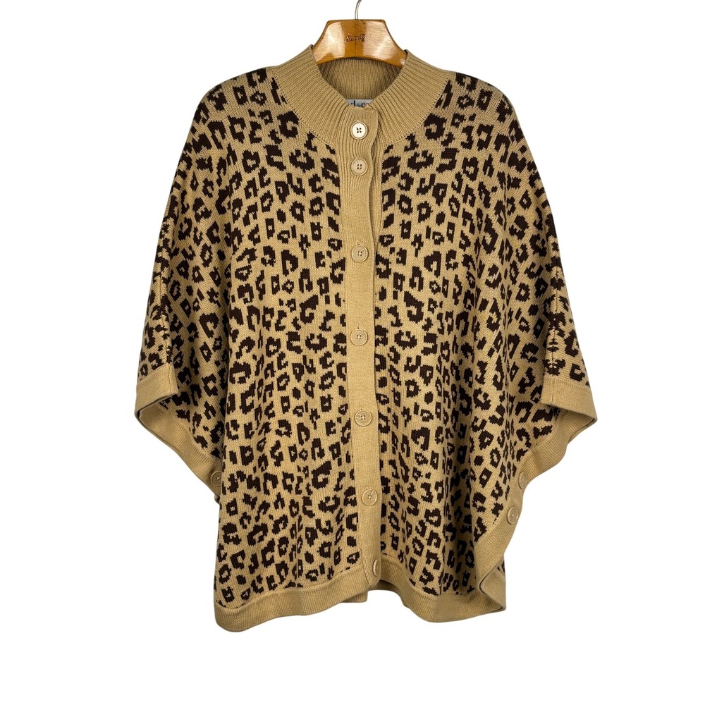 Denim & Company Leopard Print Cardigan Poncho Womens 2X Button Front Tan Brown